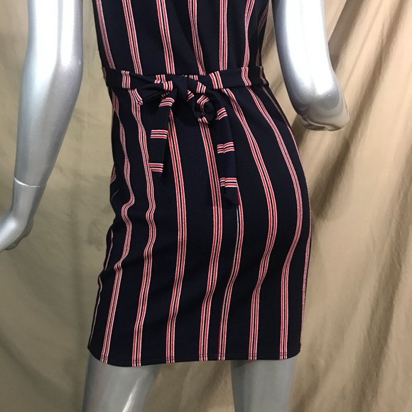 Rebel Sugar Women's Small Striped Blue Red Short Body-con Style Dress Faux Wrap - Picture 11 of 16